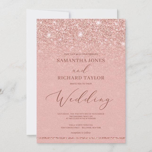 Elegant chic rose gold glitter sparkles wedding invitation (Front)