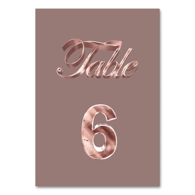 Elegant Chic Rose Gold Party Guests Table Number 6 (Front)