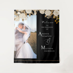 Elegant Chic Rose Monogram Black Photo Tapestry