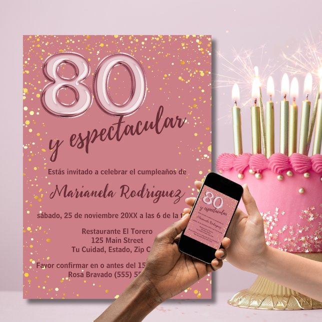 Elegant Chic Rose Pink Gold 80th Birthday Spanish Invitation (Creator Uploaded)