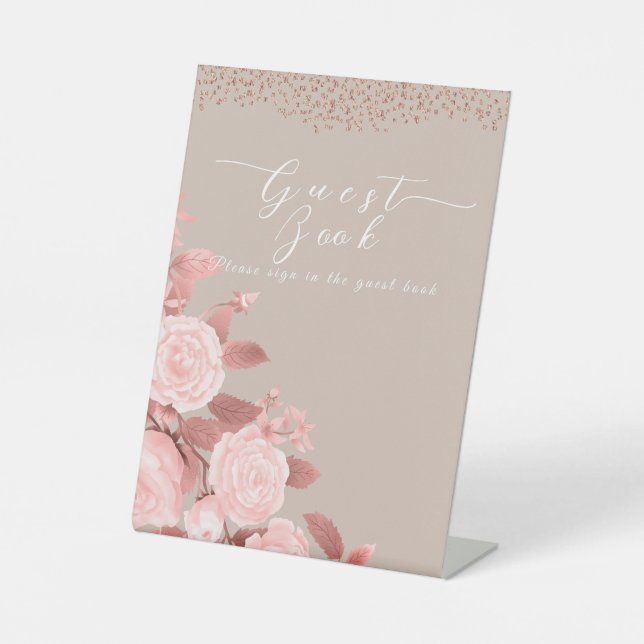 Elegant Chic Rose Wedding Guest Signature Pedestal Sign (Front)