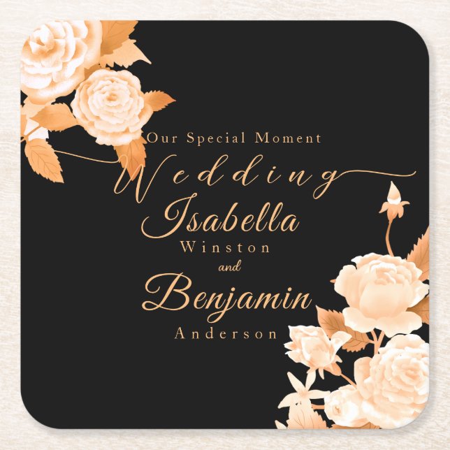 Elegant Chic Rose Wedding  Square Paper Coaster (Front)