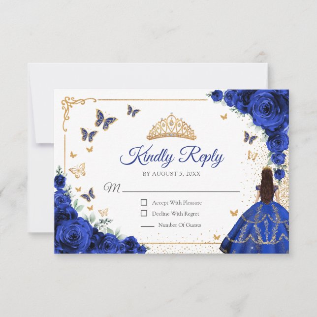 Elegant Chic Royal Blue Gold Quinceanera Reply RSVP Card (Front)