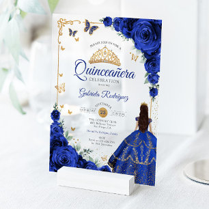 Elegant Chic Royal Blue Roses Gold Quinceanera  Acrylic Invitations
