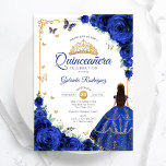 Elegant Chic Royal Blue Roses Gold Quinceanera Invitation<br><div class="desc">Royal blue,  gold and white Quinceanera celebration invitation. Features brunette girl in ball gown dress,  script font,  gold butterflies,  navy blue roses and tiara. Perfect for an elegant princess style glam celebration. Personalise with your own details. Printed Zazzle invitations or instant download digital printable template.</div>