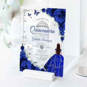 Elegant Chic Royal Blue Roses Silver Quinceanera Acrylic Invitations