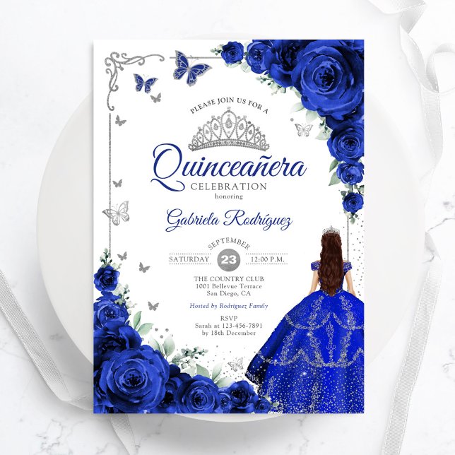 Elegant Chic Royal Blue Silver Floral Quinceanera Invitation (Creator Uploaded)
