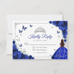 Elegant Chic Royal Blue Silver Quinceanera Reply RSVP Card