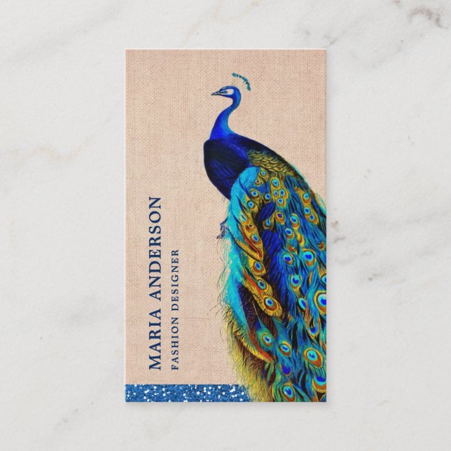 Elegant Chic Rustic Burlap Blue Indian Peacock Business Card (Front)
