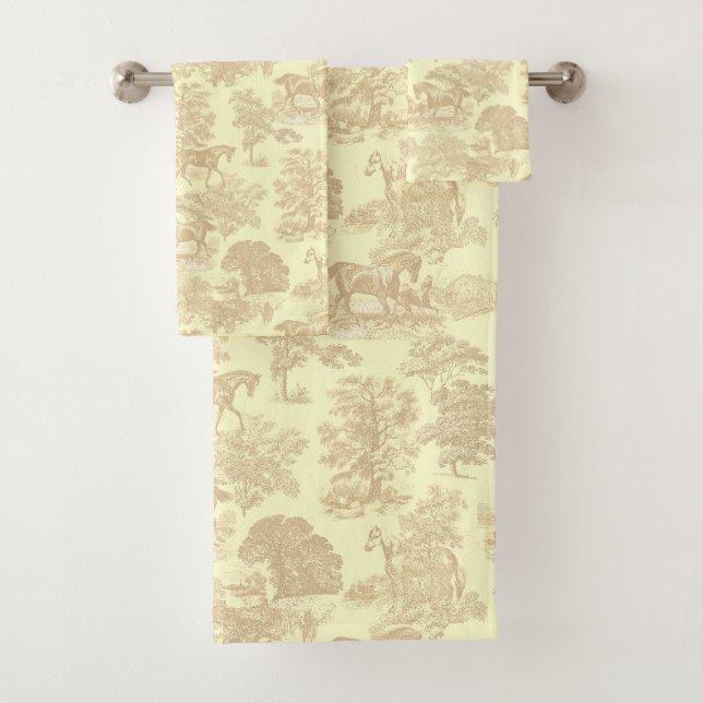 Elegant Chic Rustic Horse Beige Cream Toile Bath Towel Set (Insitu)
