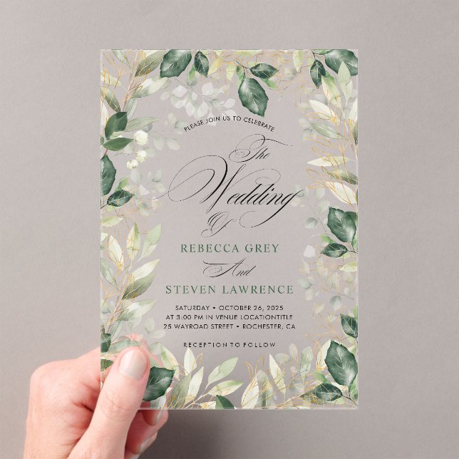 Elegant chic sage eucalyptus calligraphy wedding acrylic invitations (Insitu (Handheld))