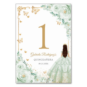 Elegant Chic Sage Green Roses Gold Quinceanera Table Number