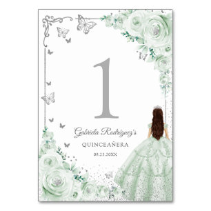 Elegant Chic Sage Green Roses Silver Quinceanera Table Number