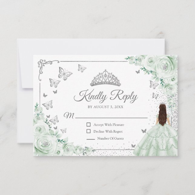 Elegant Chic Sage Green Silver Quinceanera Reply RSVP Card (Front)