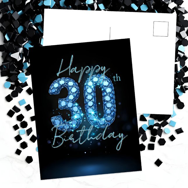 Elegant Chic Sapphire Blue and Black 30th Birthday Postcard (Creator Uploaded)