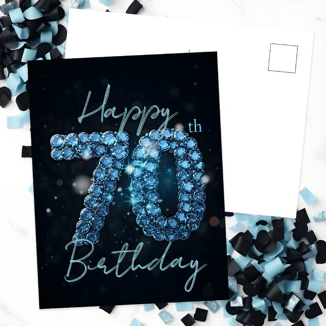 Elegant Chic Sapphire Blue and Black 70th Birthday Postcard (Creator Uploaded)