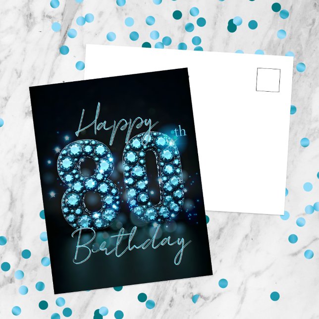 Elegant Chic Sapphire Blue and Black 80th Birthday Postcard (Creator Uploaded)