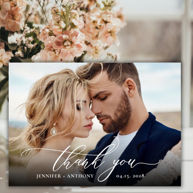 Elegant Chic Script 2 Photo Wedding Thank You Card (Creator Uploaded)