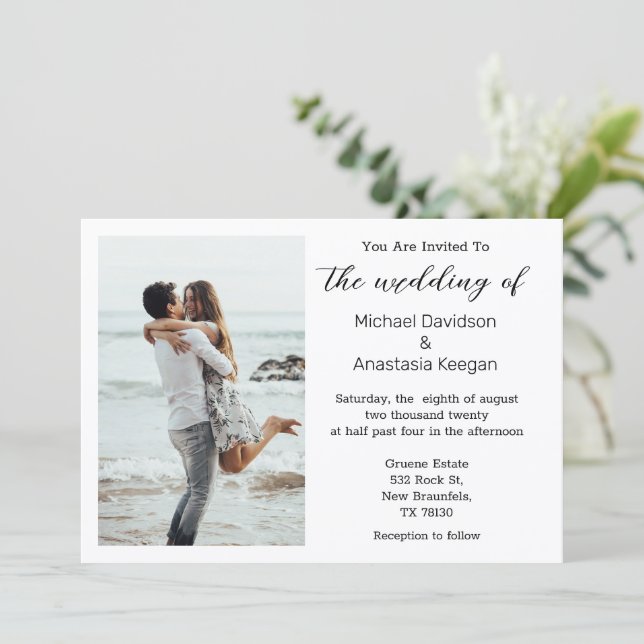 elegant chic script beach wedding photo invitation (Standing Front)