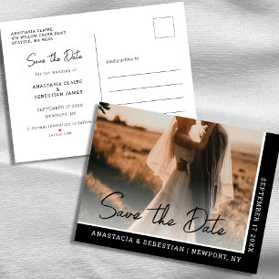 Elegant Chic Script Black and White Photo Wedding Announcement Postcard