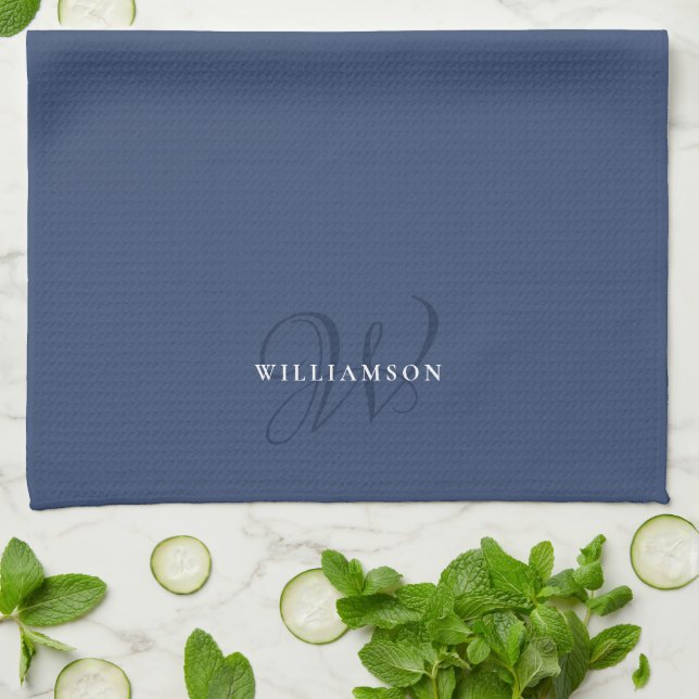 Elegant Chic Script Dusty Blue Family Monogram Tea Towel (Folded)