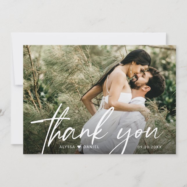 Elegant Chic Script Heart Wedding Photo Custom Thank You Card (Front)