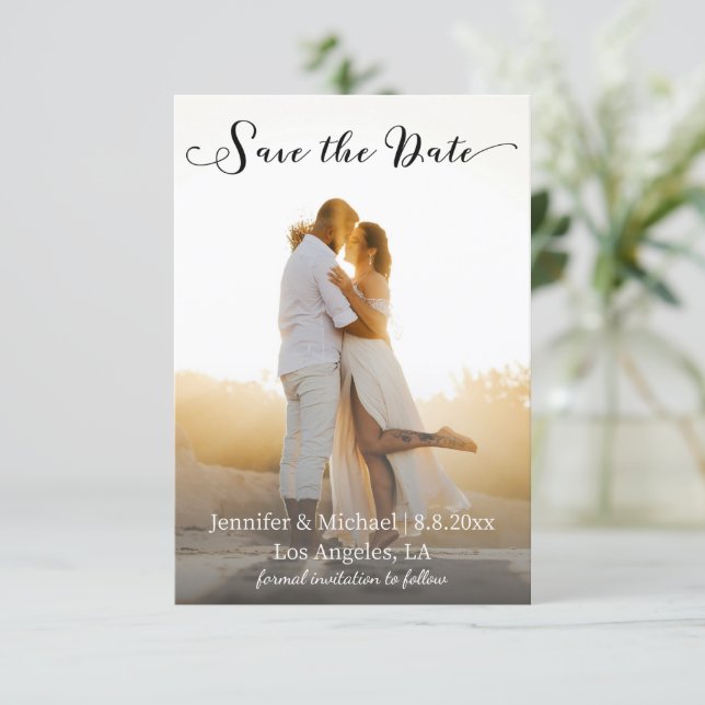 elegant chic script photo wedding save the date (Standing Front)