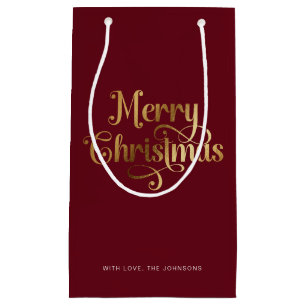 Elegant Chic Script Red Gold Merry Christmas Small Gift Bag