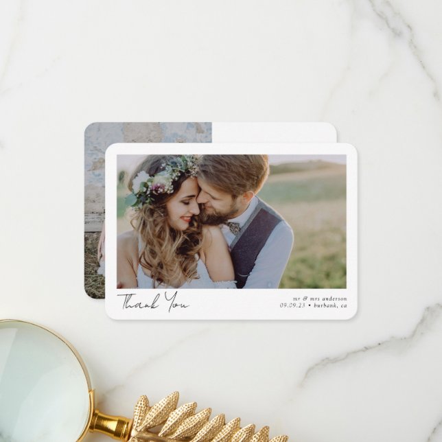 Elegant Chic Script Wedding Photo Thank You Card (Front/Back In Situ)