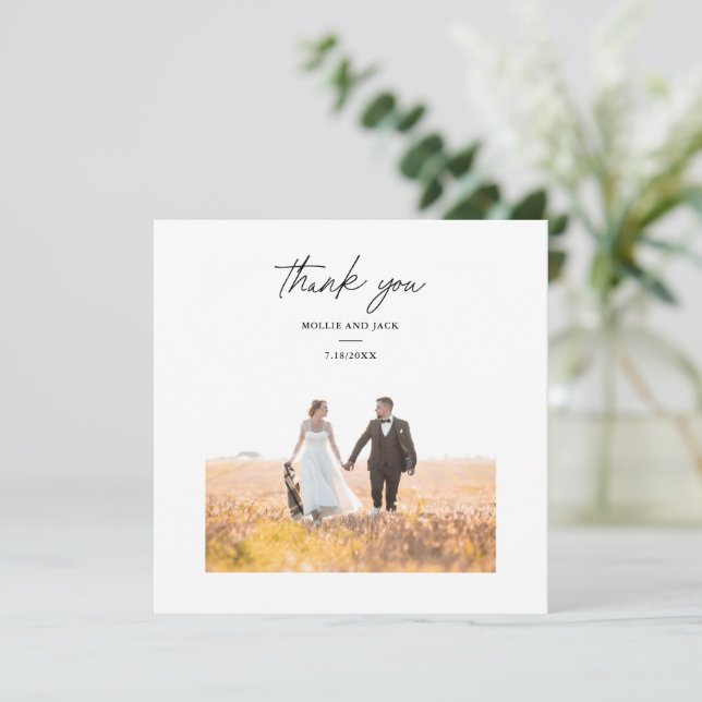 Elegant Chic Script Wedding Photo Thank You Card (Standing Front)