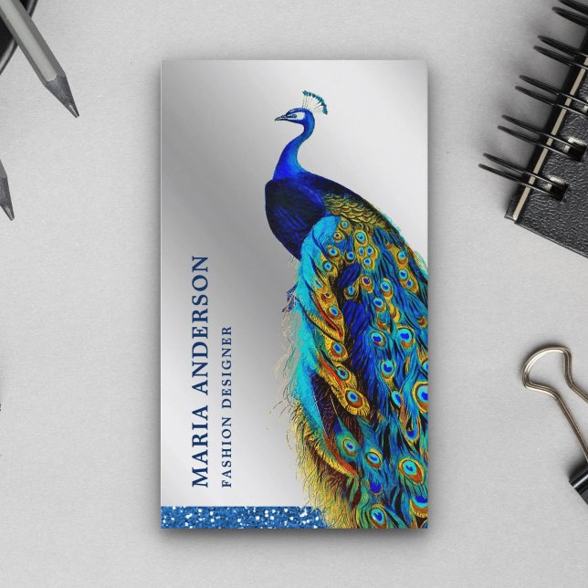 Elegant Chic Silver Foil Blue Indian Peacock Business Card (Creator Uploaded)