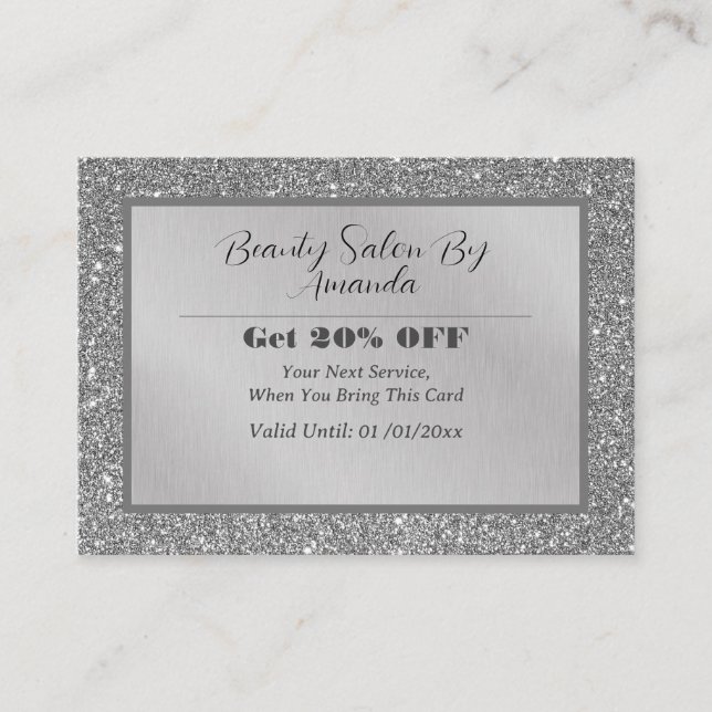 Elegant Chic Silver Foil Glitter Glamourous Salon  Discount Card (Front)