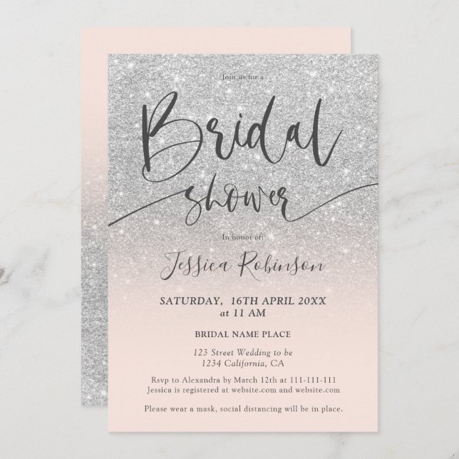 Elegant chic silver glitter script bridal shower invitation (Front/Back)