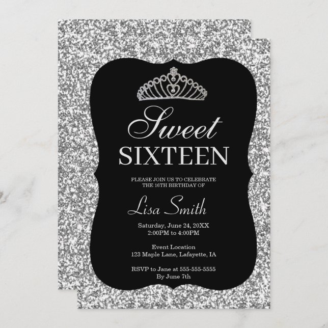 Elegant Chic Silver Glitter Tiara Sweet 16 Invitation (Front/Back)