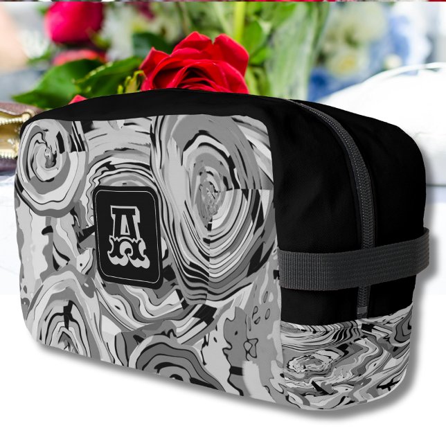 Elegant Chic Silver Grey Black Design + Monogram  Dopp Kit (Elegant, Chic Silver Gray and Black Design plus a Stylish Monogram Design Cosmetic or Toiletry Bag.)
