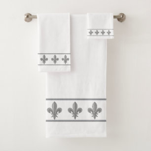 Elegant, Chic Silver Grey Lis Flowers on White Bath Towel Set