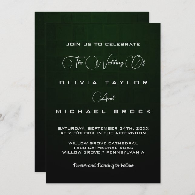 Elegant chic silver on dark green wedding invitation (Front/Back)