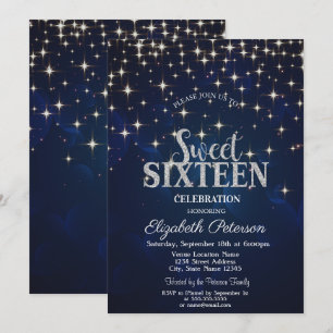 Elegant Chic Silver Stars Navy Blue Sweet 16 Invitation