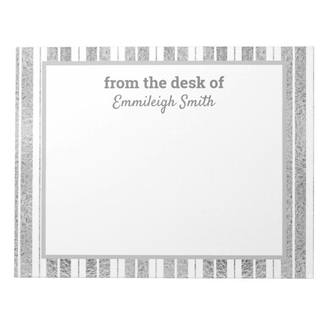 Elegant Chic Silver White Striped From Desk of Notepad (Front)