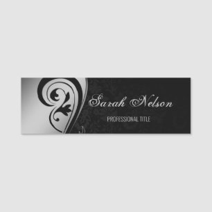 Elegant Chic Stylish Grey Swirls Black Damask Name Tag
