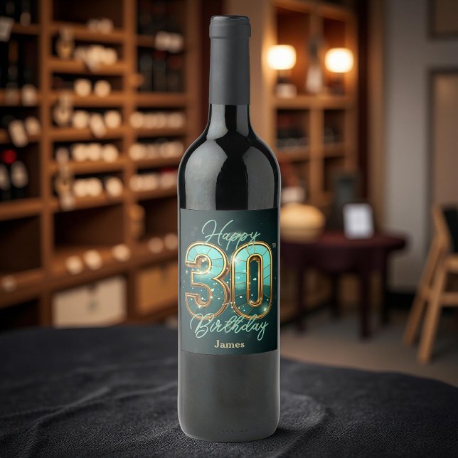 Elegant Chic Teal and Gold Metallic 30th Birthday Wine Label (Creator Uploaded)