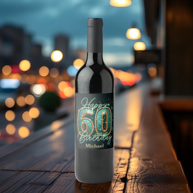 Elegant Chic Teal and Gold Metallic 60th Birthday Wine Label (Creator Uploaded)