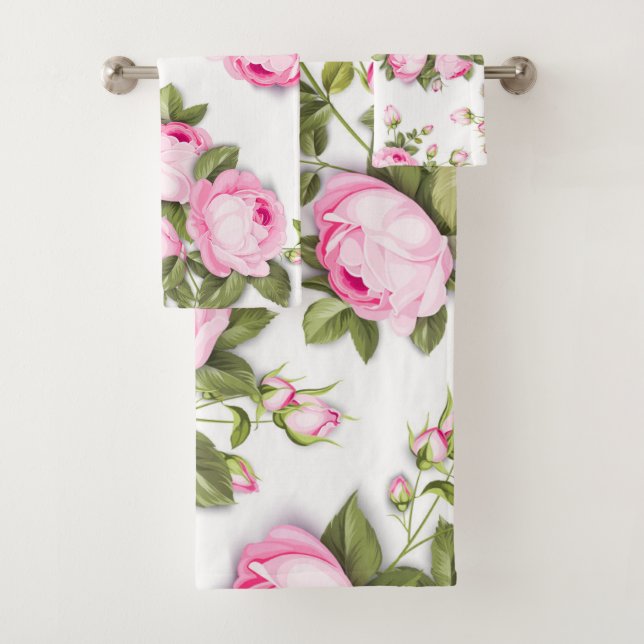 Elegant chic trendy Pink floral  Bath Towel Set (Insitu)