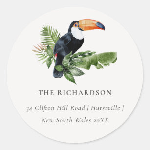 Elegant Chic Tropical Rainforest Toucan Address  Classic Round Sticker