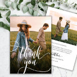 Elegant Chic Typography Script 2 Photo Wedding Thank You Card<br><div class="desc">Modern Boho Chic Calligraphy Script 2 Photo Wedding Thank You Card. Stylish wedding thank you template featuring a full vertical photo on the front with the text "Thank You" in a whimsical swirly hand lettering typography swash tail font script white overlay on the picture. At the back side pre-made thank...</div>