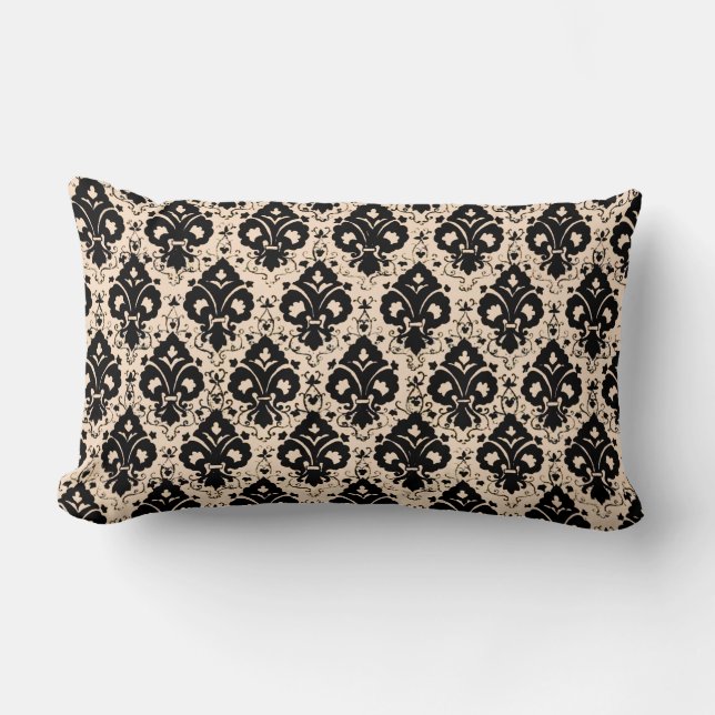 Elegant Chic Vintage Black Beige Damask  Lumbar Cushion (Front)