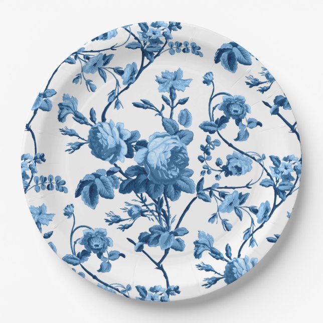 Elegant Chic Vintage Blue Rose Floral Paper Plate (Front)