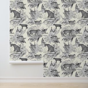 Elegant Chic Vintage Grey Toile Wild Cats Jungle Wallpaper