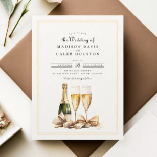Elegant Chic Watercolor Champagne Bow Wedding Invitation