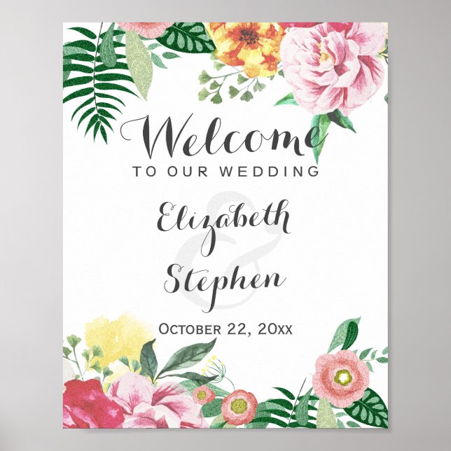 Elegant Chic Watercolor Floral Wedding Sign Poster (Front)